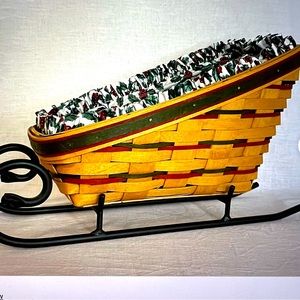 1999 Longaberger Holiday Sleigh Basket With Wrought Iron Sleigh, Holly Fabric